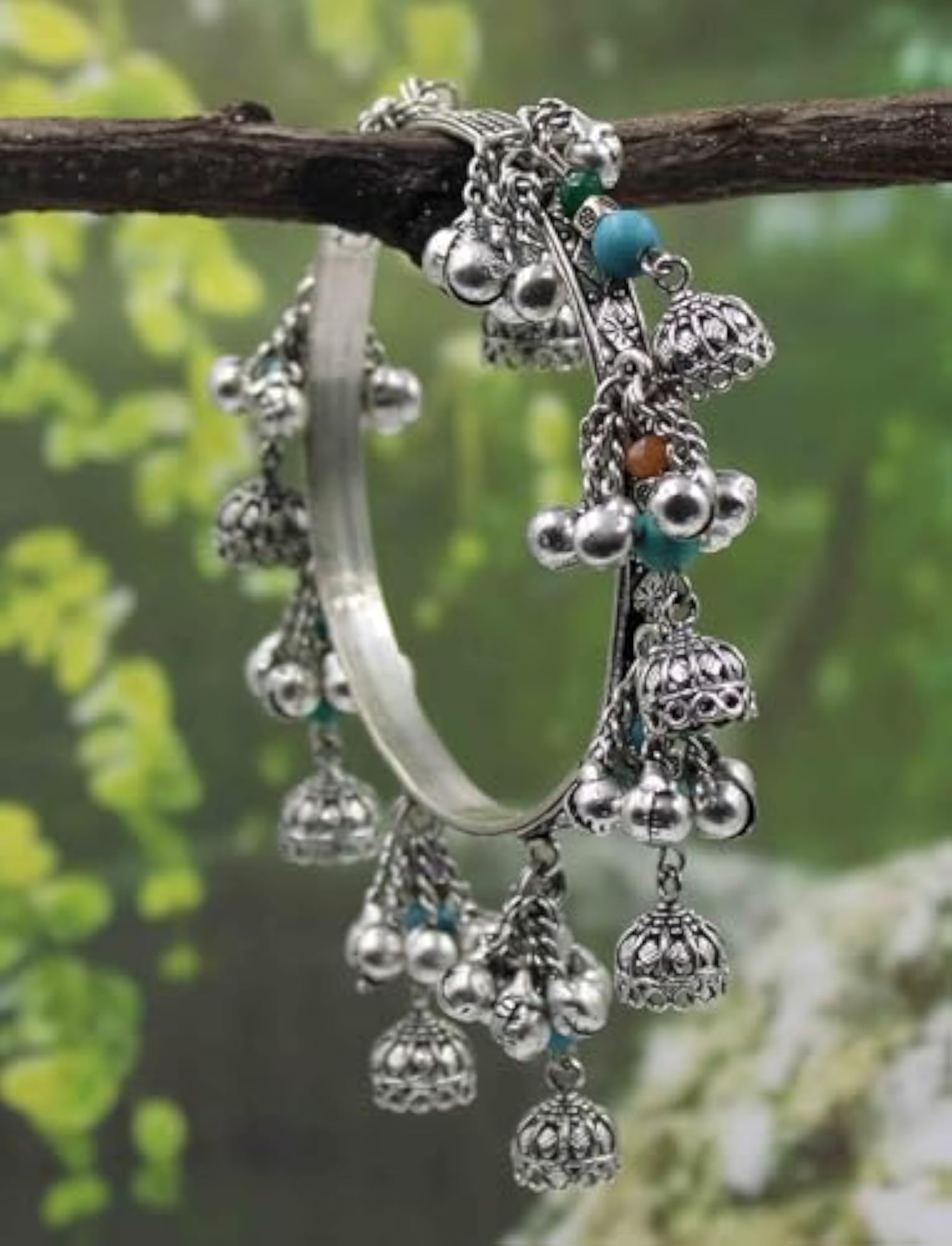 Oxidised Single Bangle with Turquoise and Brass Gungru Jumkhi Beads Charm